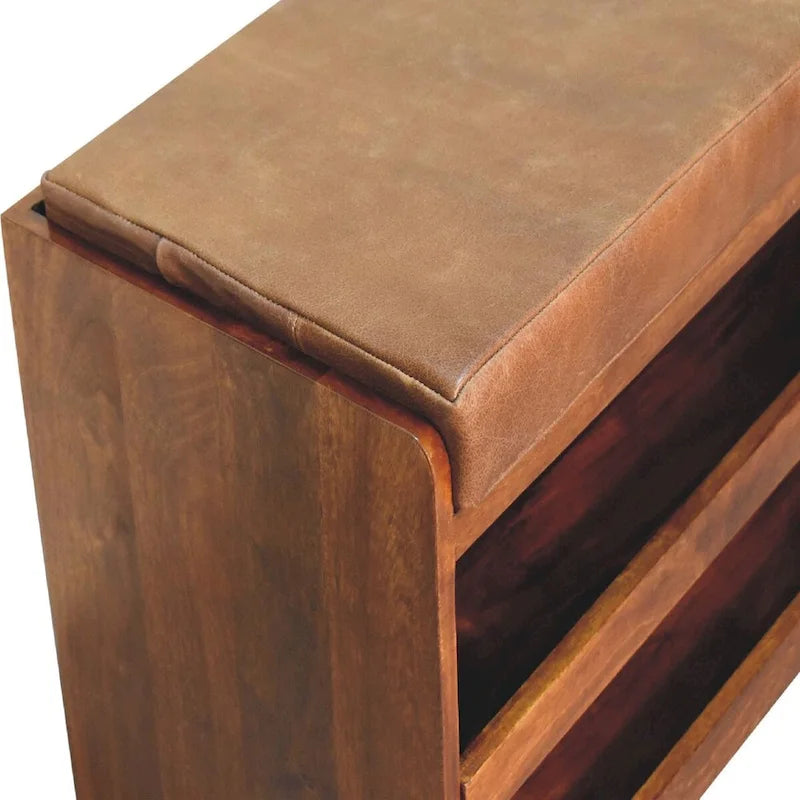 Banc de rangement pour chaussures en cuir de buffle marron à tirer