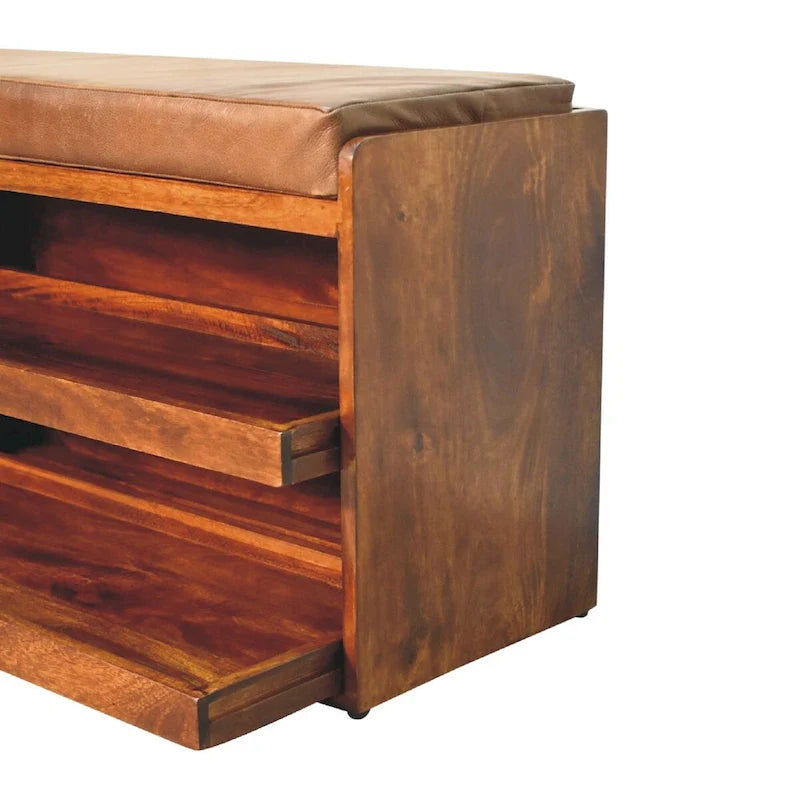 Banc de rangement pour chaussures en cuir de buffle marron à tirer