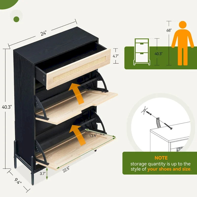 Meuble de rangement pour chaussures en rotin naturel, 2 portes basculantes et 1 tiroir