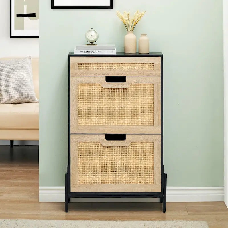 Meuble de rangement pour chaussures en rotin naturel, 2 portes basculantes et 1 tiroir
