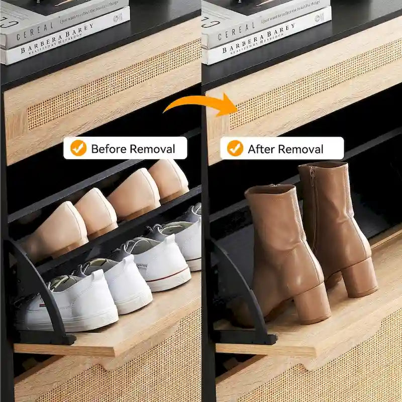 Meuble de rangement pour chaussures en rotin naturel, 2 portes basculantes et 1 tiroir