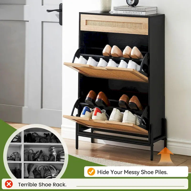 Meuble de rangement pour chaussures en rotin naturel, 2 portes basculantes et 1 tiroir