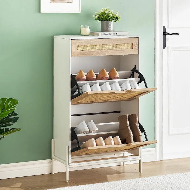 Meuble de rangement pour chaussures en rotin naturel, 2 portes basculantes et 1 tiroir