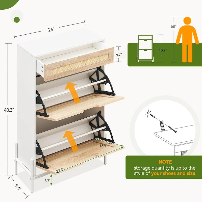 Meuble de rangement pour chaussures en rotin naturel, 2 portes basculantes et 1 tiroir