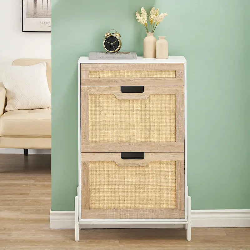 Meuble de rangement pour chaussures en rotin naturel, 2 portes basculantes et 1 tiroir