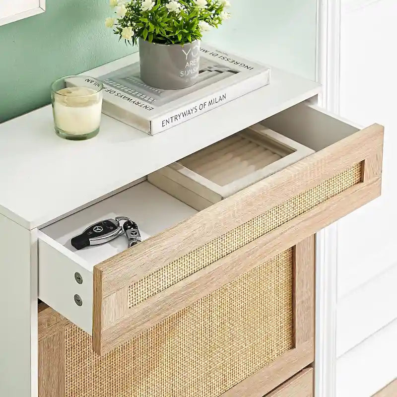 Meuble de rangement pour chaussures en rotin naturel, 2 portes basculantes et 1 tiroir