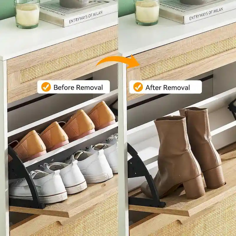 Meuble de rangement pour chaussures en rotin naturel, 2 portes basculantes et 1 tiroir