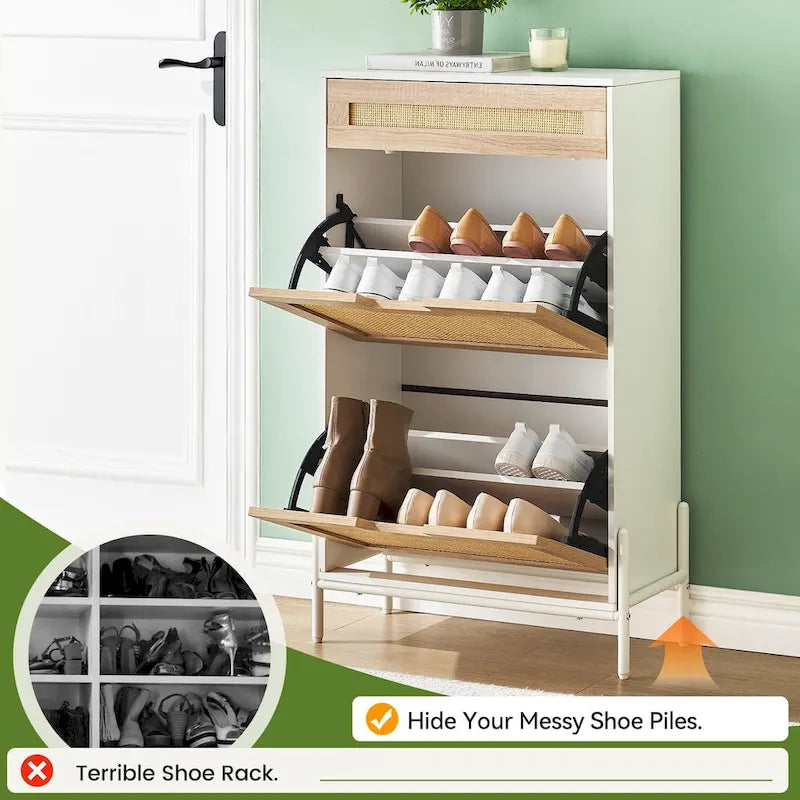 Meuble de rangement pour chaussures en rotin naturel, 2 portes basculantes et 1 tiroir