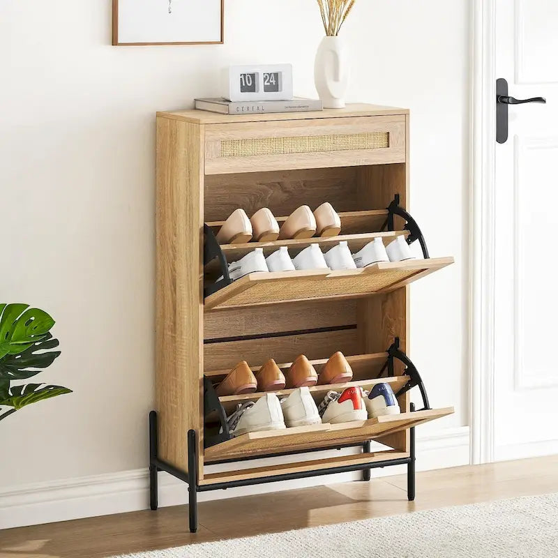 Meuble de rangement pour chaussures en rotin naturel, 2 portes basculantes et 1 tiroir