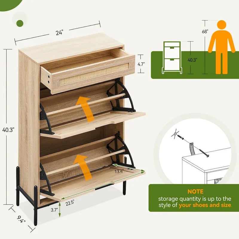 Meuble de rangement pour chaussures en rotin naturel, 2 portes basculantes et 1 tiroir