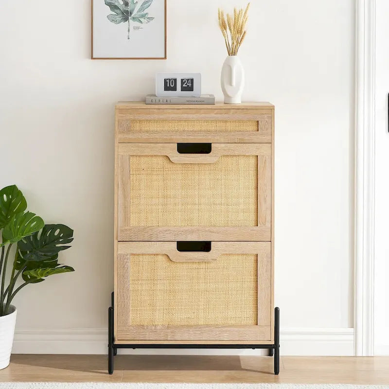 Meuble de rangement pour chaussures en rotin naturel, 2 portes basculantes et 1 tiroir