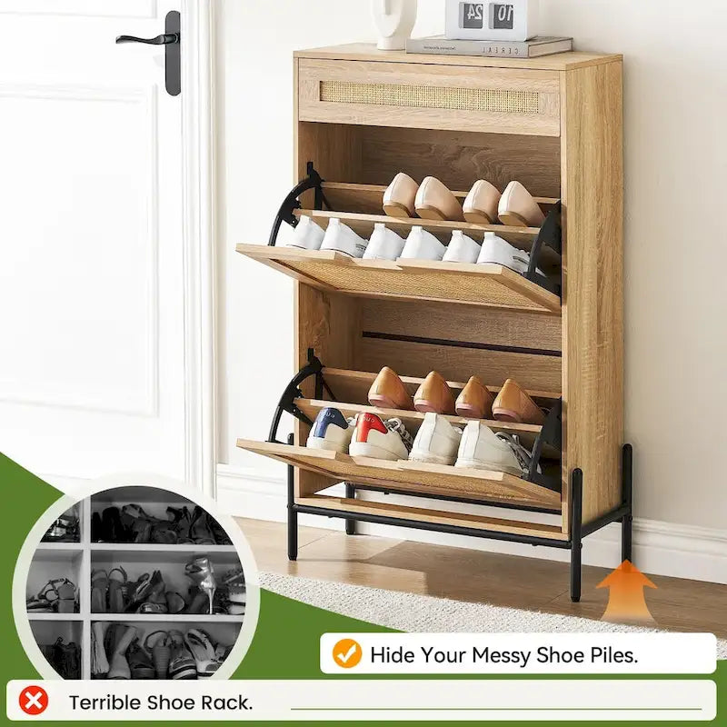 Meuble de rangement pour chaussures en rotin naturel, 2 portes basculantes et 1 tiroir