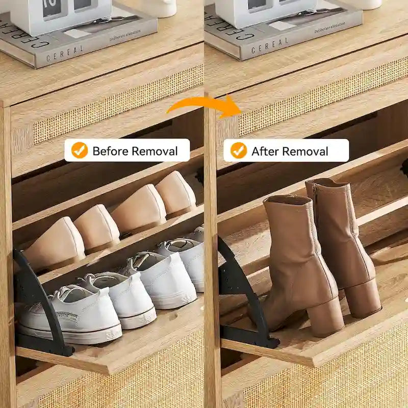 Meuble de rangement pour chaussures en rotin naturel, 2 portes basculantes et 1 tiroir