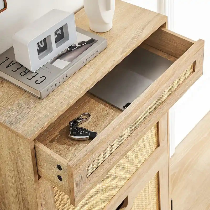 Meuble de rangement pour chaussures en rotin naturel, 2 portes basculantes et 1 tiroir
