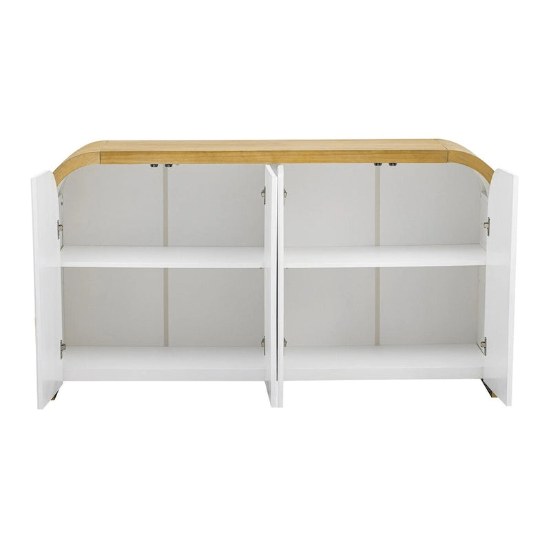 Armoire à 4 portes avec façade ondulée et design incurvé, dotée d'étagères réglables, adaptée au bureau, au salon et à l'entrée.