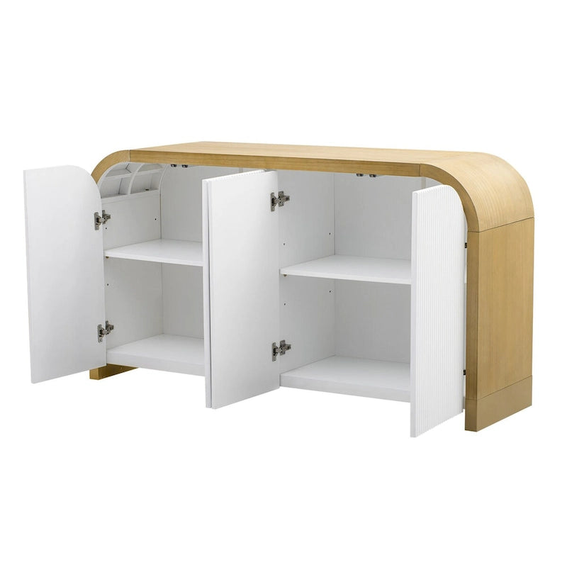 Armoire à 4 portes avec façade ondulée et design incurvé, dotée d'étagères réglables, adaptée au bureau, au salon et à l'entrée.