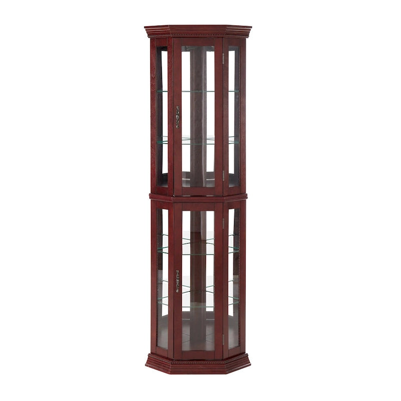 Vitrine d'angle avec éclairage, étagères réglables en verre trempé, fond miroir, meuble vitrine