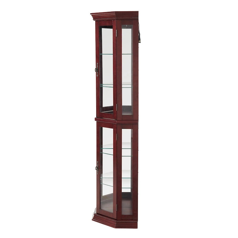 Vitrine d'angle avec éclairage, étagères réglables en verre trempé, fond miroir, meuble vitrine
