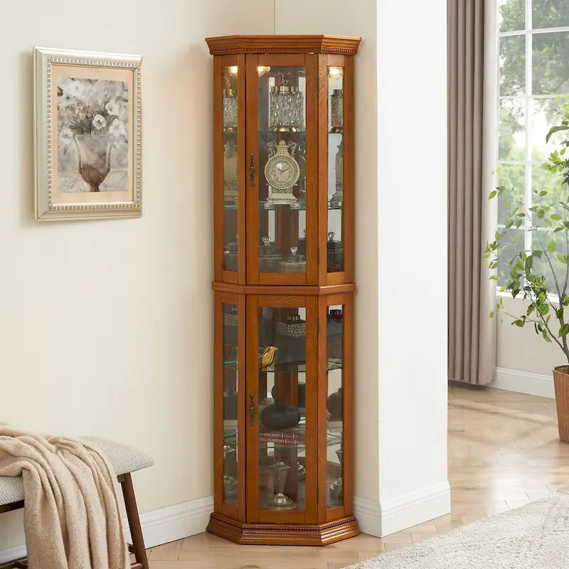 Vitrine d'angle avec éclairage, étagères réglables en verre trempé, fond miroir, meuble vitrine