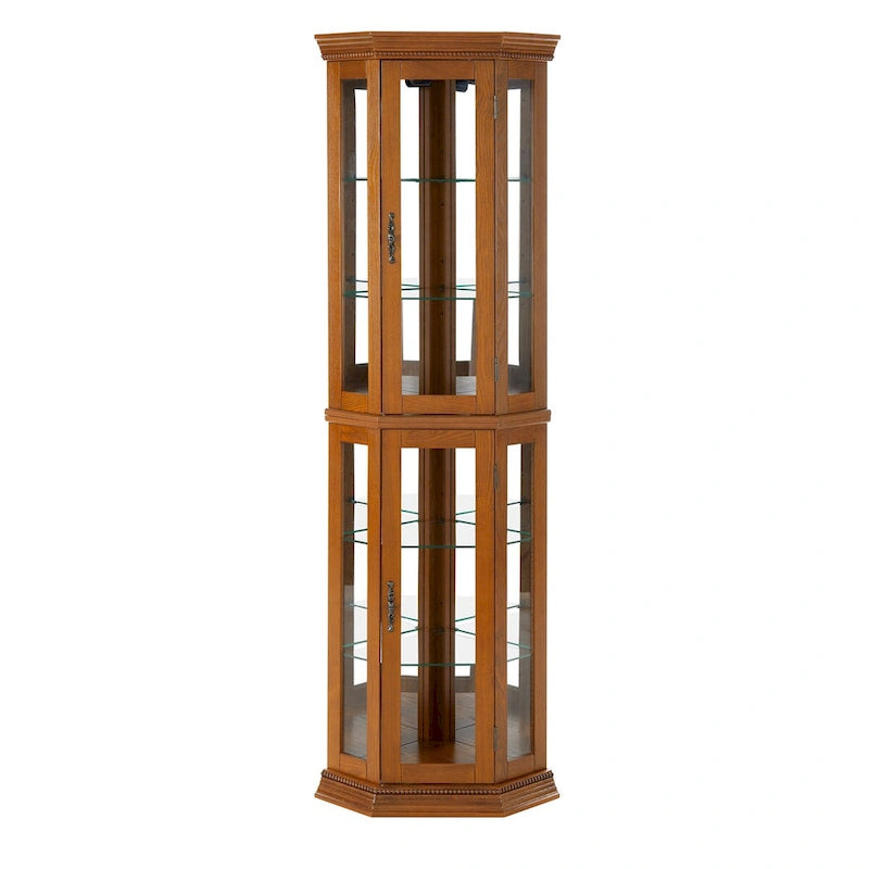 Vitrine d'angle avec éclairage, étagères réglables en verre trempé, fond miroir, meuble vitrine