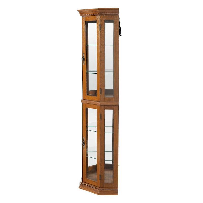 Vitrine d'angle avec éclairage, étagères réglables en verre trempé, fond miroir, meuble vitrine
