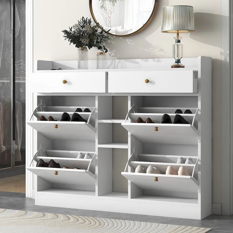 Meuble à chaussures 2 niveaux avec 4 tiroirs basculants, organisateur de rangement autoportant blanc