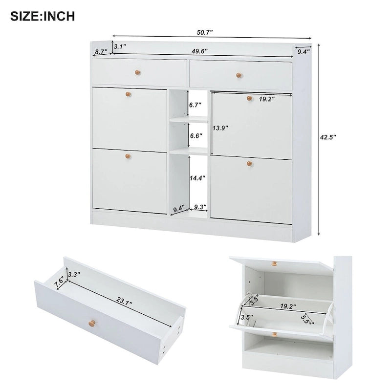 Meuble à chaussures 2 niveaux avec 4 tiroirs basculants, organisateur de rangement autoportant blanc