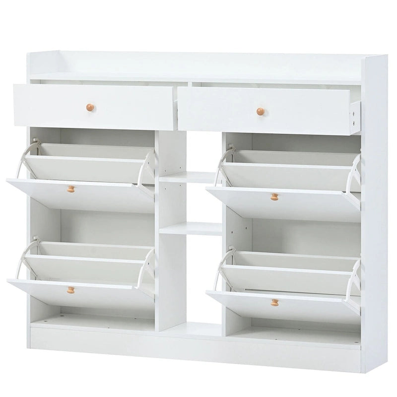 Meuble à chaussures 2 niveaux avec 4 tiroirs basculants, organisateur de rangement autoportant blanc