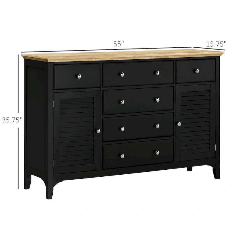 Buffet de salle à manger avec tiroirs de rangement, plateau en bois d'hévéa et étagères réglables, meuble de cuisine bar à café, noir