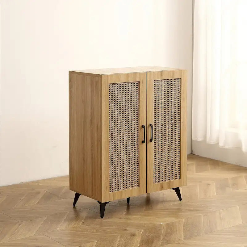 Meuble à chaussures à deux portes en rotin avec grand espace de rangement et structure durable