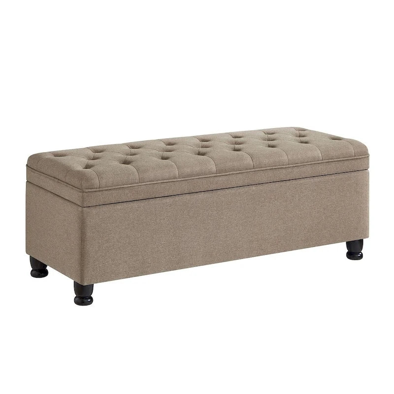 Tabouret de rangement en tissu de lin 45 avec pieds en bois tourné