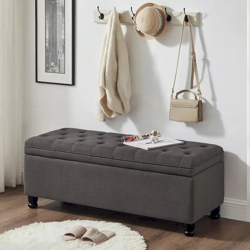 Tabouret de rangement en tissu de lin 45 avec pieds en bois tourné