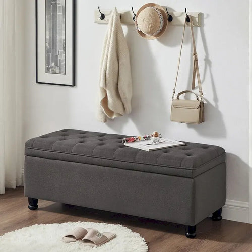 Tabouret de rangement en tissu de lin 45 avec pieds en bois tourné