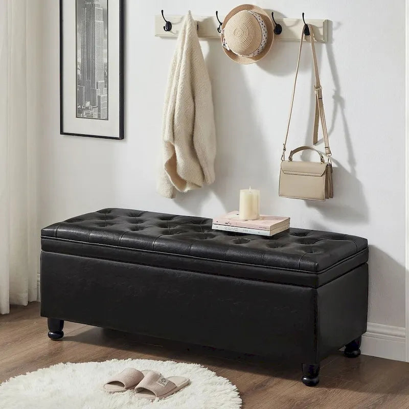 Tabouret de rangement en tissu de lin 45 avec pieds en bois tourné