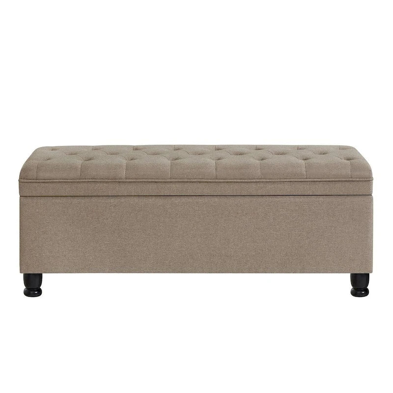 Tabouret de rangement en tissu de lin 45 avec pieds en bois tourné