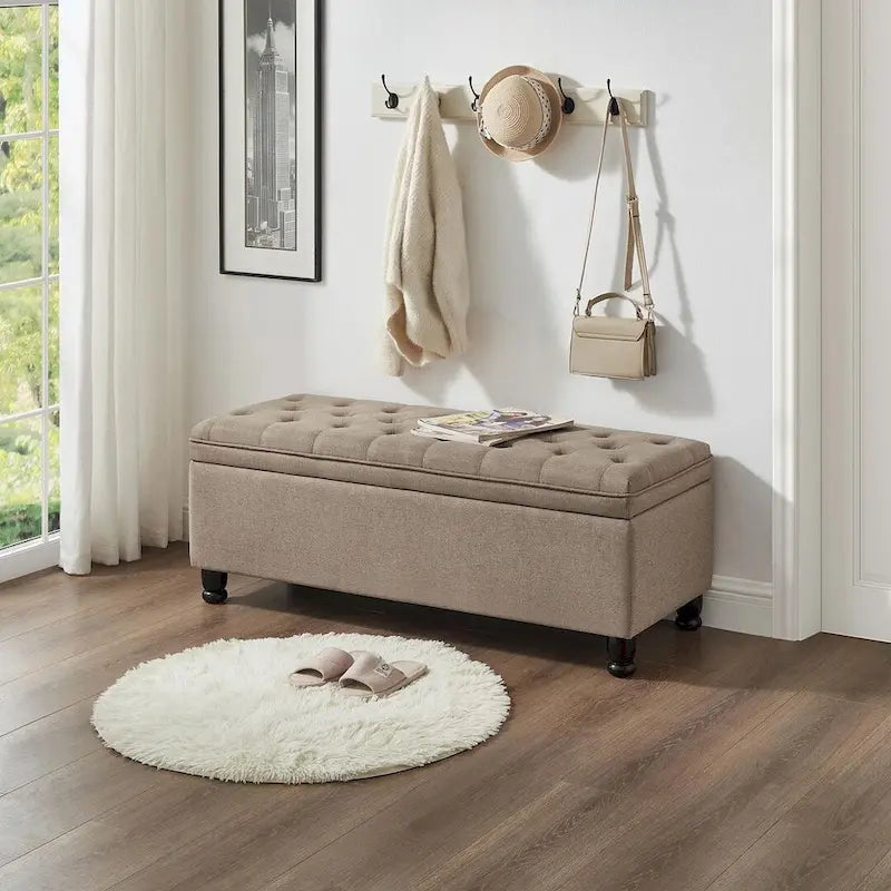 Tabouret de rangement en tissu de lin 45 avec pieds en bois tourné