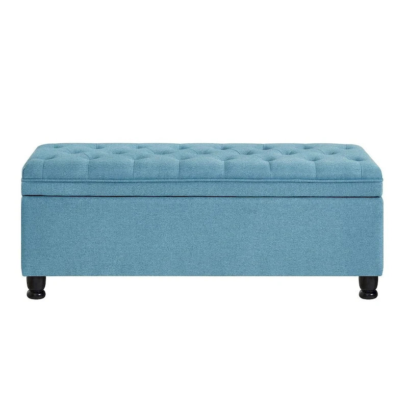 Tabouret de rangement en tissu de lin 45 avec pieds en bois tourné