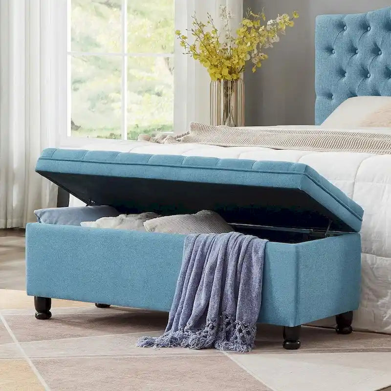 Tabouret de rangement en tissu de lin 45 avec pieds en bois tourné