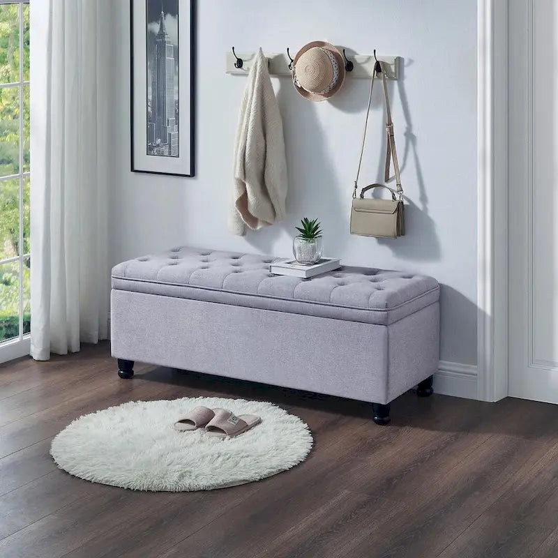 Tabouret de rangement en tissu de lin 45 avec pieds en bois tourné