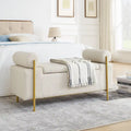 Banc de rangement élégant en lin rembourré avec accoudoirs cylindriques et pieds en fer pour couloir, salon, chambre, beige