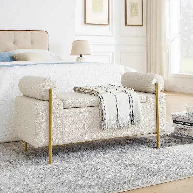 Banc de rangement élégant en lin rembourré avec accoudoirs cylindriques et pieds en fer pour couloir, salon, chambre, beige