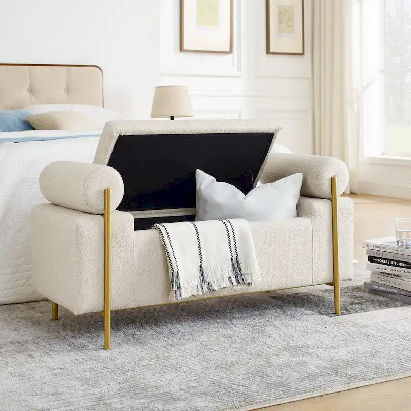 Banc de rangement élégant en lin rembourré avec accoudoirs cylindriques et pieds en fer pour couloir, salon, chambre, beige