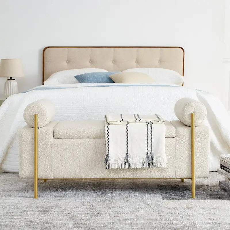 Banc de rangement élégant en lin rembourré avec accoudoirs cylindriques et pieds en fer pour couloir, salon, chambre, beige