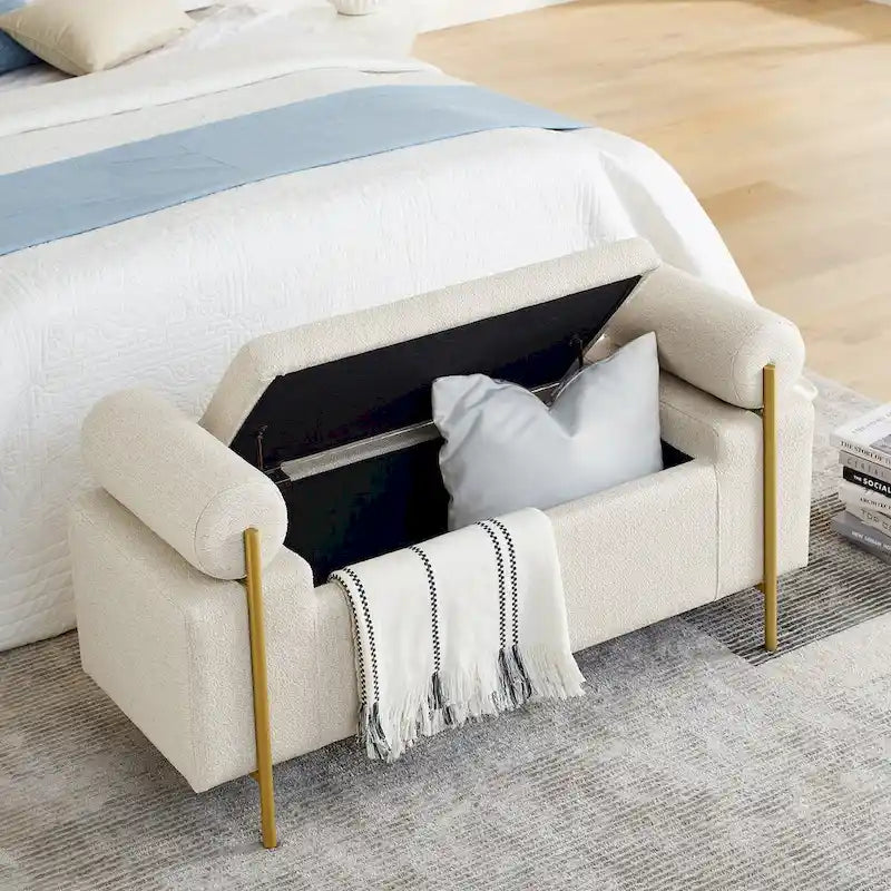 Banc de rangement élégant en lin rembourré avec accoudoirs cylindriques et pieds en fer pour couloir, salon, chambre, beige