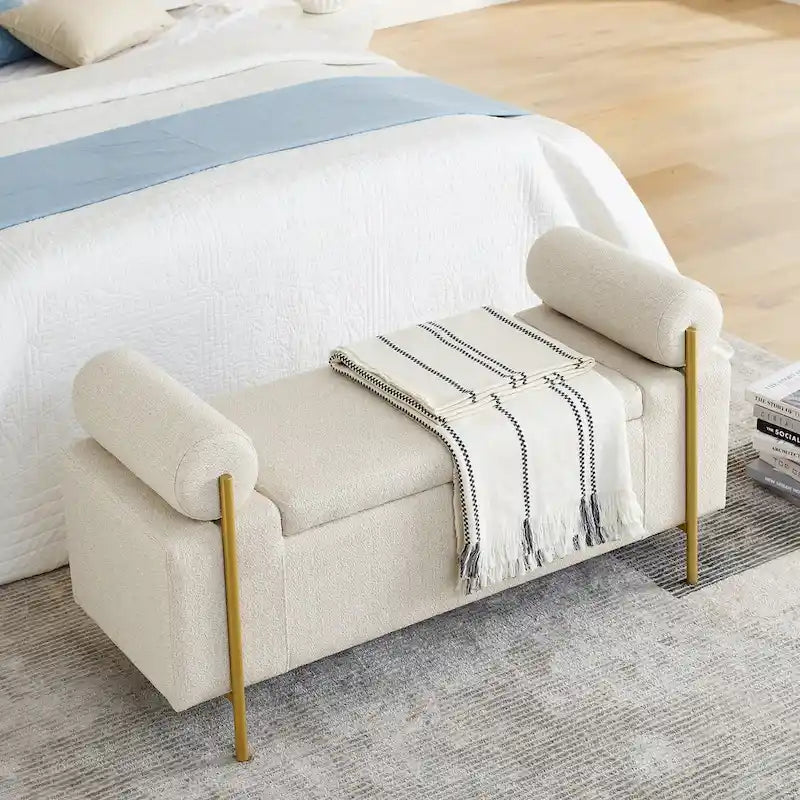 Banc de rangement élégant en lin rembourré avec accoudoirs cylindriques et pieds en fer pour couloir, salon, chambre, beige