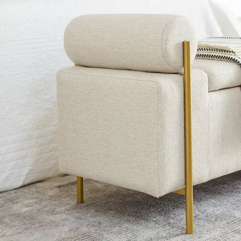 Banc de rangement élégant en lin rembourré avec accoudoirs cylindriques et pieds en fer pour couloir, salon, chambre, beige