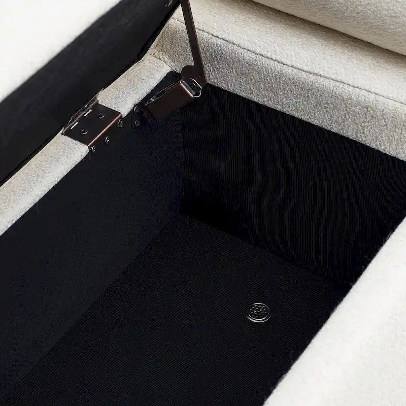 Banc de rangement élégant en lin rembourré avec accoudoirs cylindriques et pieds en fer pour couloir, salon, chambre, beige