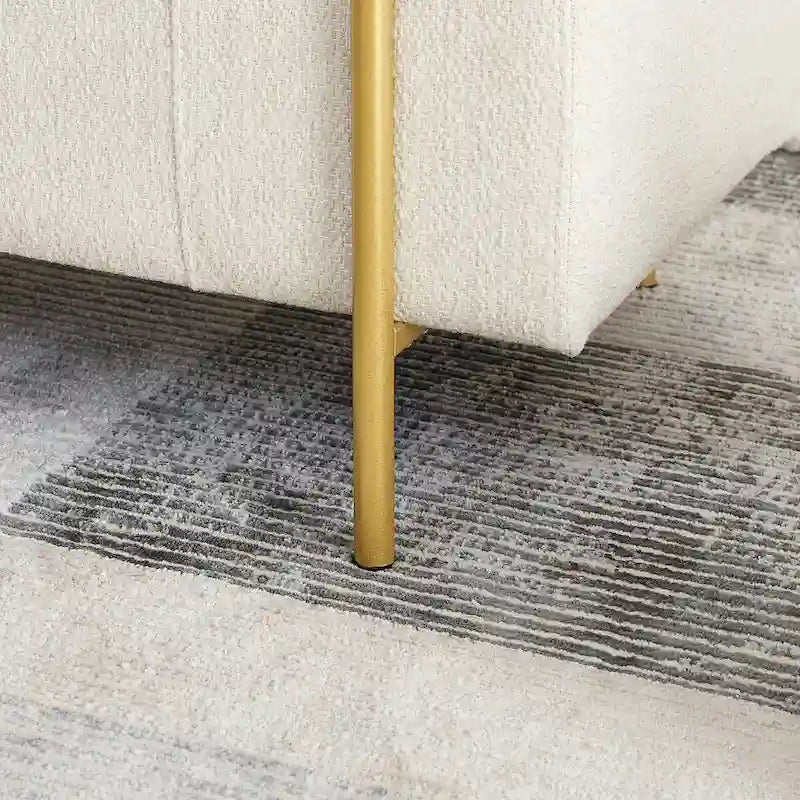 Banc de rangement élégant en lin rembourré avec accoudoirs cylindriques et pieds en fer pour couloir, salon, chambre, beige