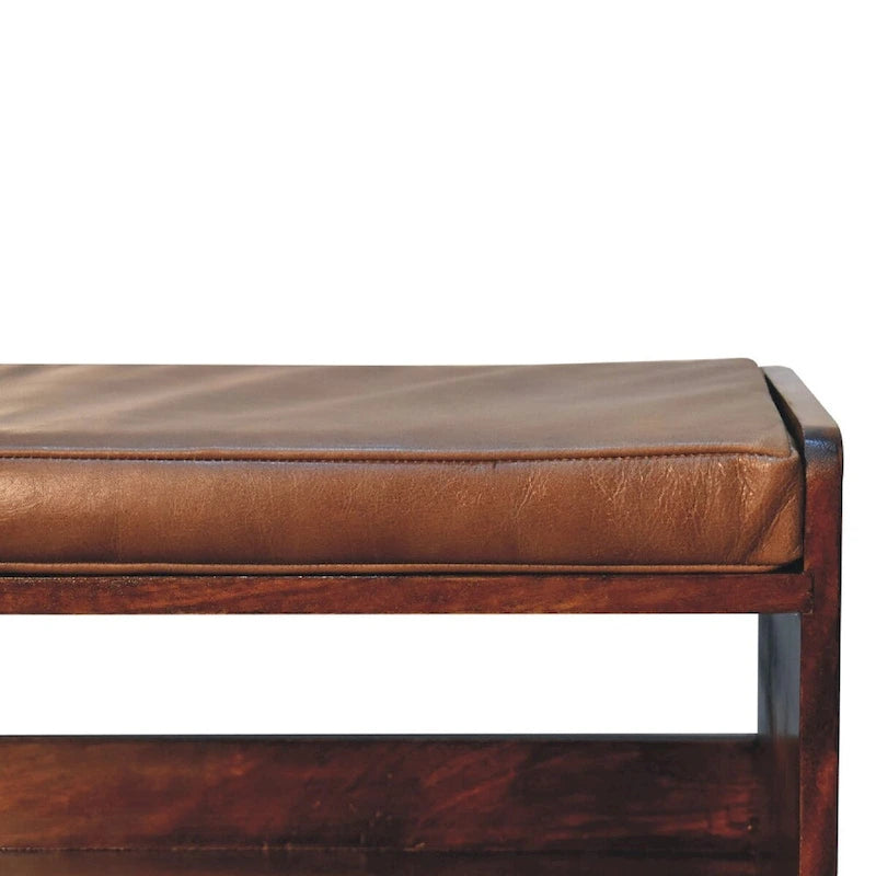 Banc en châtaignier avec coussin d'assise en cuir marron