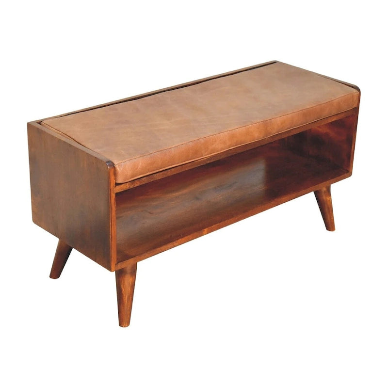 Banc en châtaignier avec coussin d'assise en cuir marron